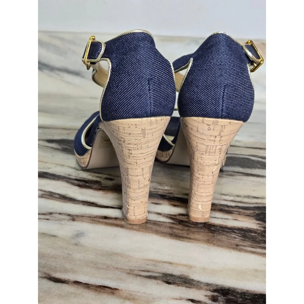 Newport News Denim Cork Platform Peep Toe Heels Dark Wash Gold‎ 10